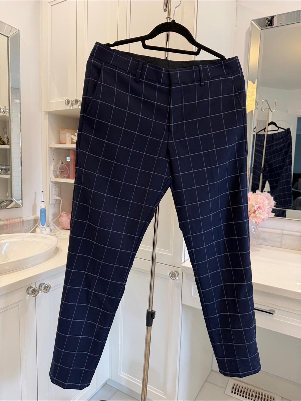 Matinique Slim Fit Navy Windowpane Dress Trousers